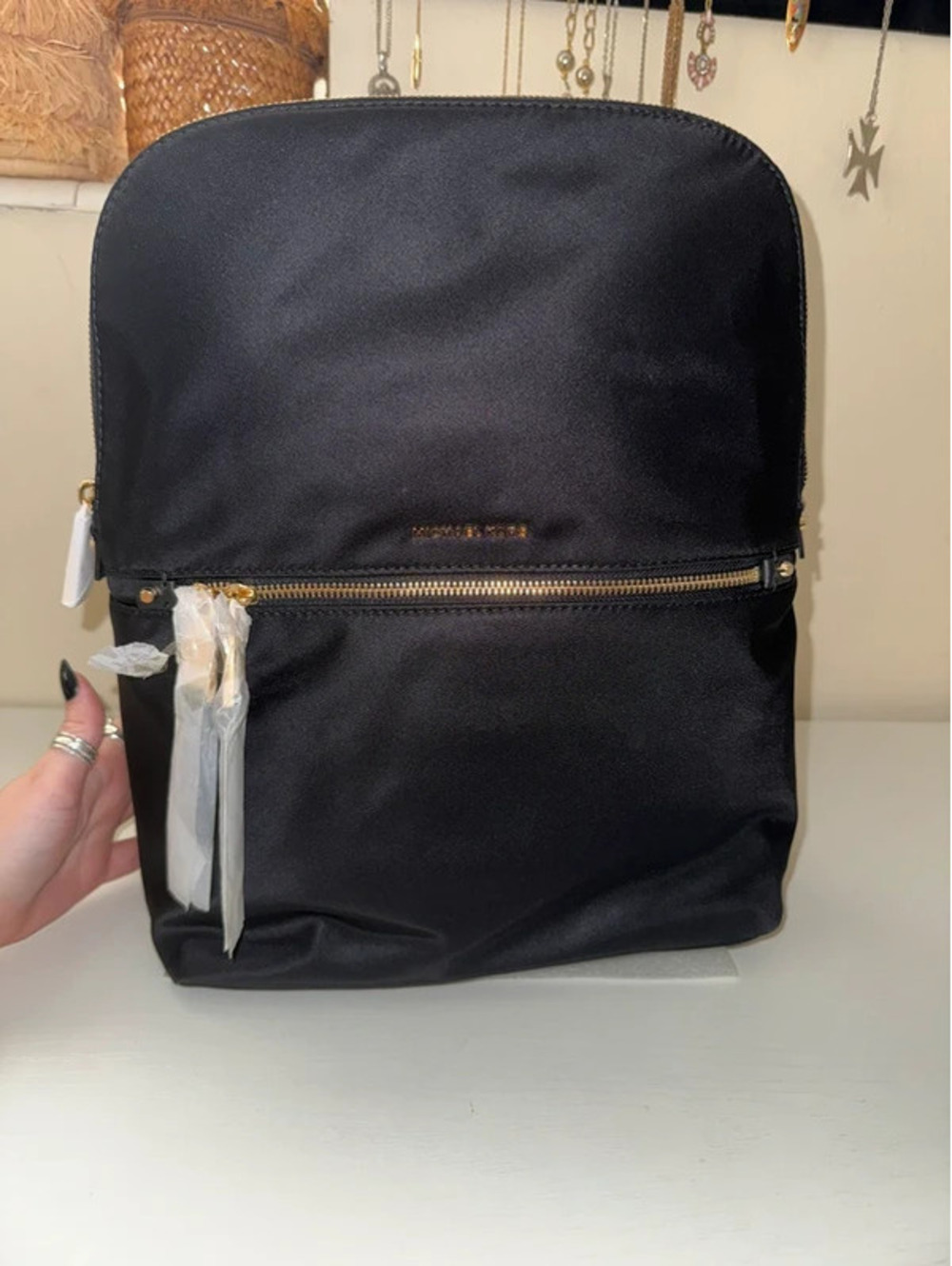 Michael Kors Polly Medium Slim Zip Backpack Black Nylon Gold Hardware NWT